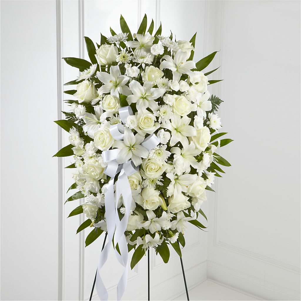 Exquisite Tribute Standing Spray-White Ribbon – Kay Penny Florist, Hamilton ON