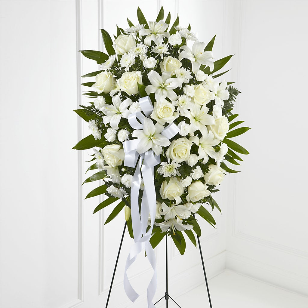Exquisite Tribute Standing Spray-White Ribbon – Kay Penny Florist, Hamilton ON